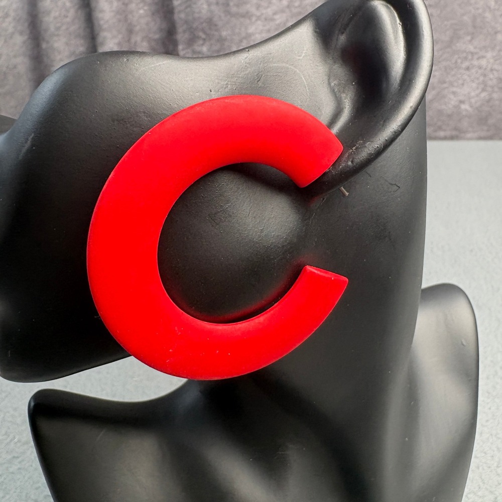 Chunky Red Resin‎ Hoop Earrings Matte Statement C-Shape Post Back 2 Inch